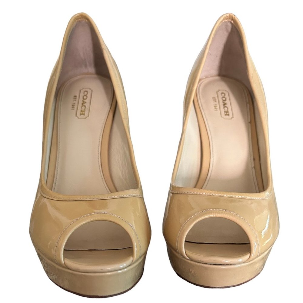 COACH Nude Platform Heels Jacquard Logo w/ patent Leather MSRP Size US7.5 EU37.5
